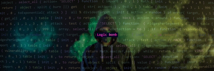 Cyber attack logic bomb text in foreground screen, Anonymous hacker hidden with hoodie in the blurred background. Vulnerability text in binary system ascii art style, code on editor screen.