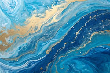 Abstract hand-painted design featuring deep blue and turquoise swirls, gold accents, and textured details.