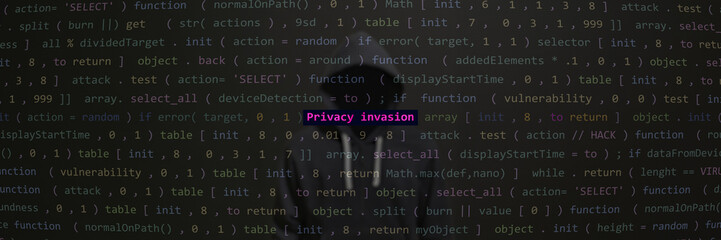 Obraz premium Cyber attack privacy invasion text in foreground screen, Anonymous hacker hidden with hoodie in the blurred background. Vulnerability text in binary system ascii art style, code on editor screen.