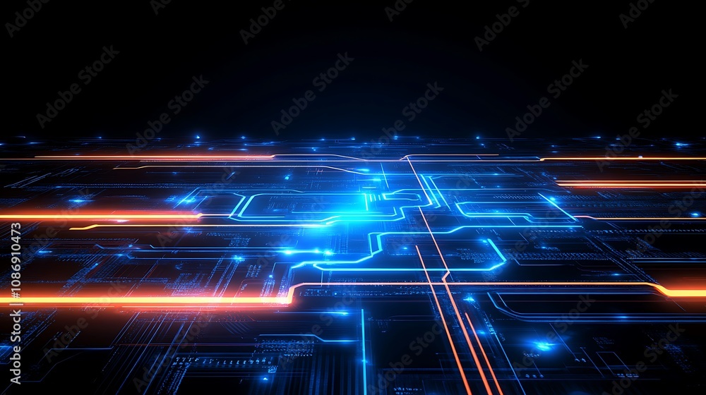 Poster futuristic network interface with glowing blue and orange lines representing data flow in a digital 