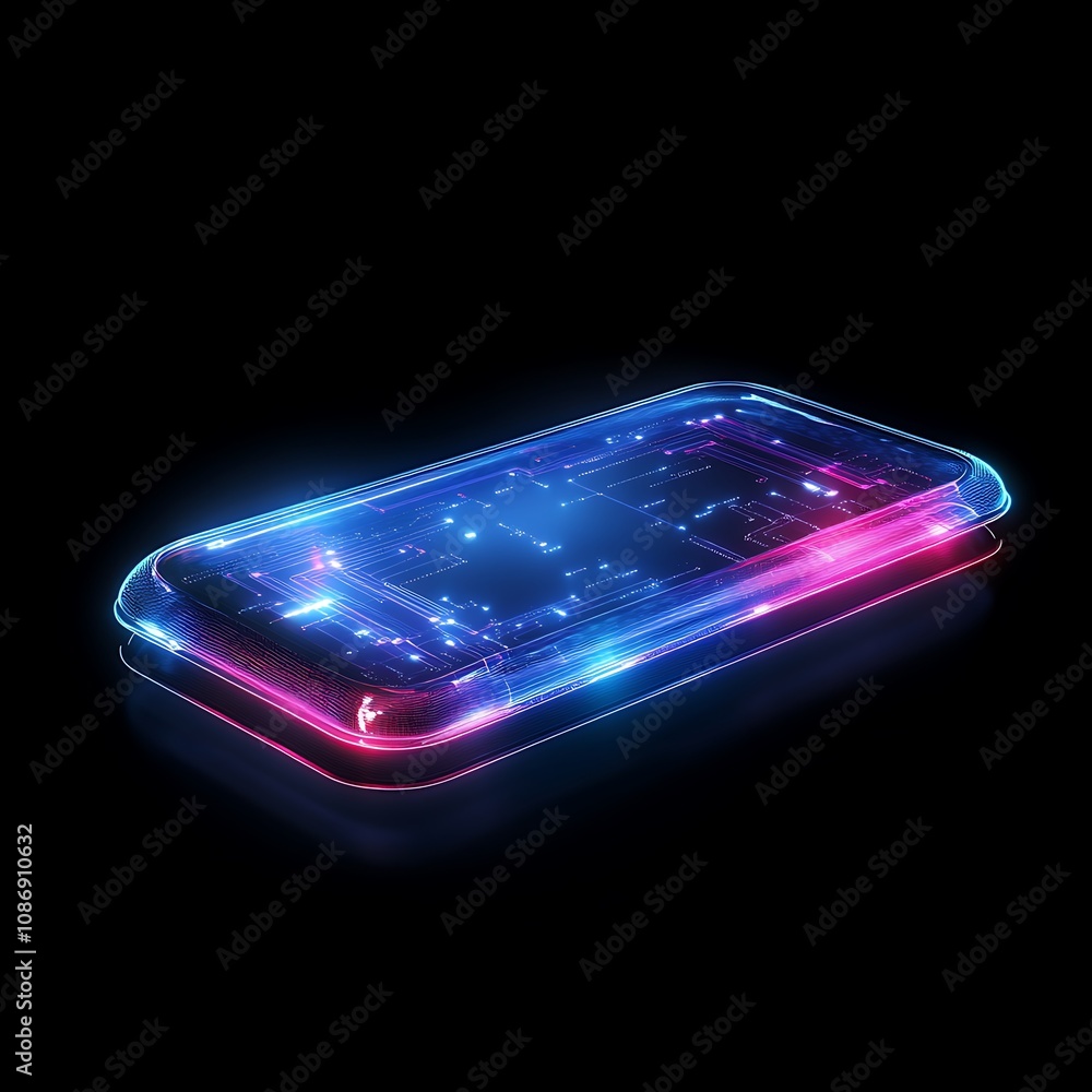 Poster futuristic smartphone design with glowing neon lights and abstract circuit patterns, capturing the e