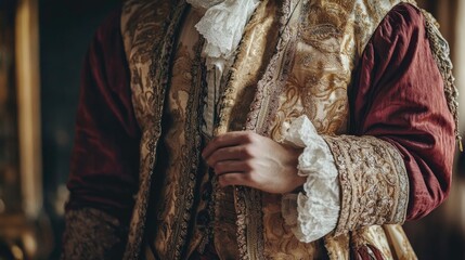 Fototapeta premium Sophisticated nobleman in opulent Renaissance attire, featuring intricate gold patterns and rich fabrics, showcasing vintage European fashion elegance.
