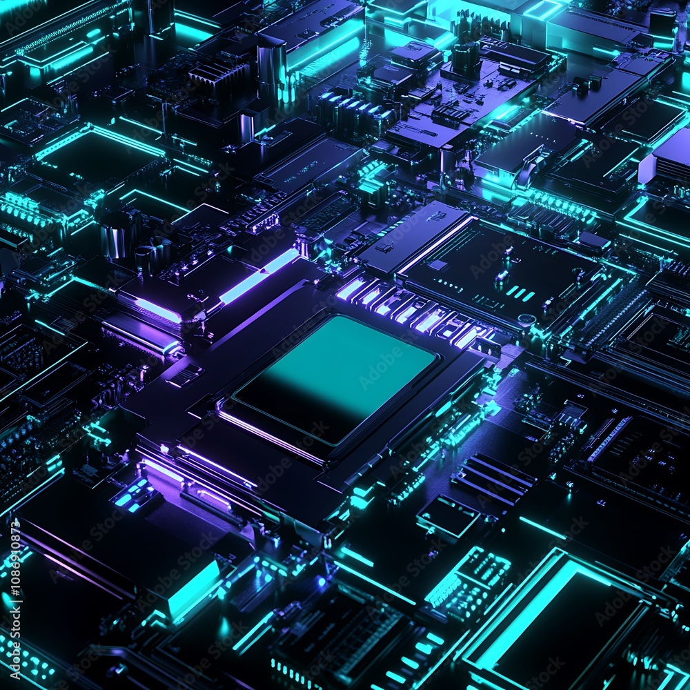 Poster futuristic technology circuit board with neon lights illuminating electronic components and microchi
