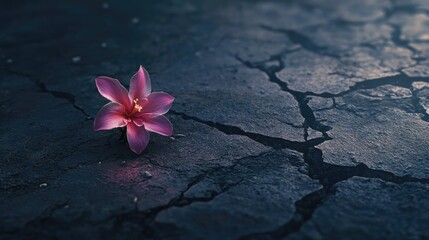 Vibrant pink flower blooming from cracked pavement, representing resilience and hope against a dark, textured background.