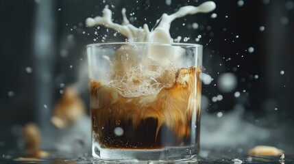 Coffee splashes with milk in a glass, capturing dynamic droplets and creamy textures against a blurred background.