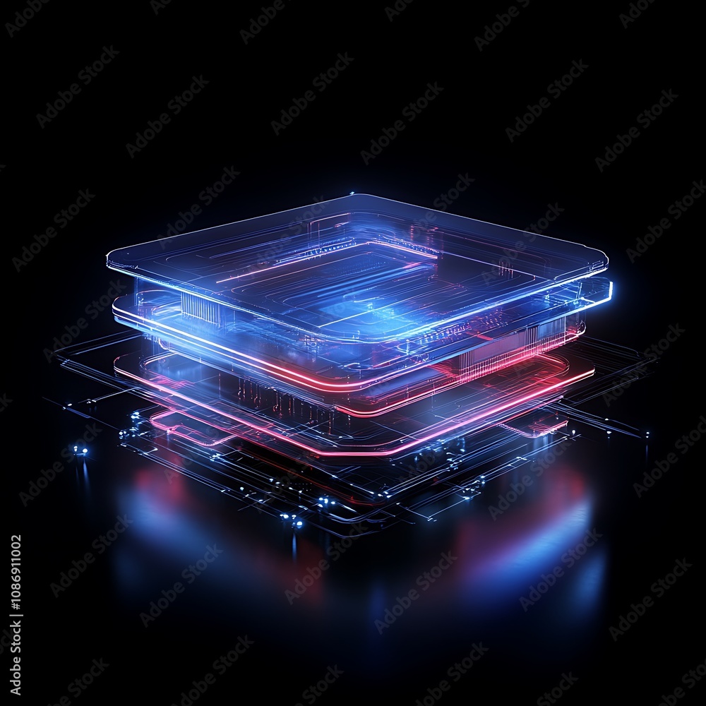 Poster futuristic technology concept with transparent layers and neon lights highlighting a microchip desig