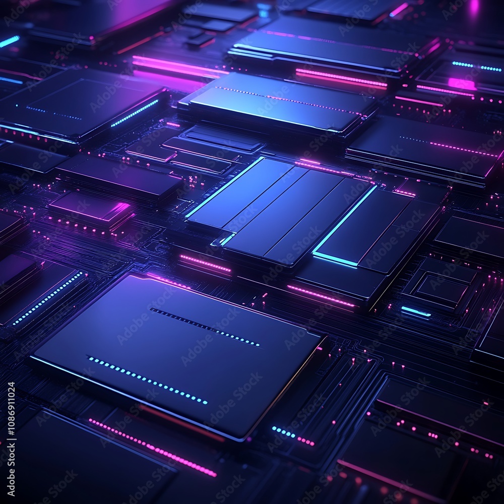 Poster futuristic technology interface with abstract neon patterns and shapes emphasizing digital connectio