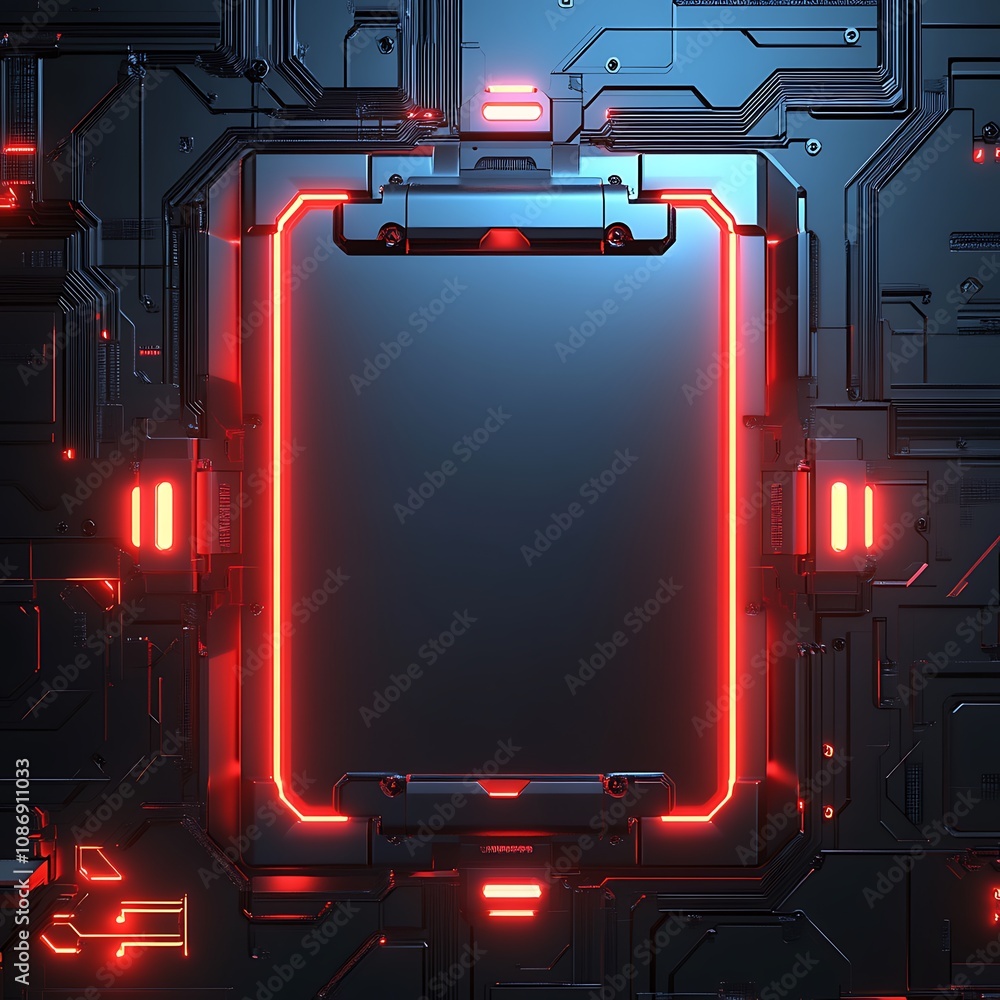 Poster futuristic technology interface with neon elements and blank display space for digital content showc