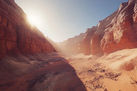 A sunlit canyon landscape with towering red rock formations and soft shadows.