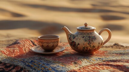 Decorative Arabic teapot and ornate cup resting on a colorful fabric in a serene desert landscape, capturing the spirit and cultural significance of Ramadan celebrations.