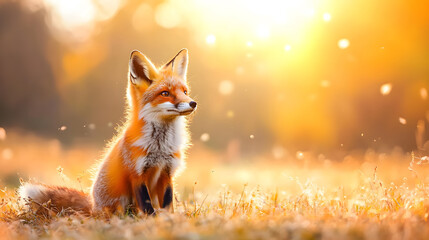 Obraz premium A serene fox sits in a sunlit meadow, with golden hues and soft bokeh, capturing the essence of nature's tranquility.