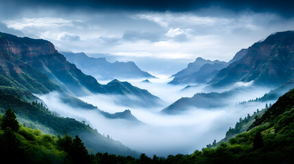 Fototapeta premium A breathtaking mountain landscape shrouded in mist, with dramatic peaks and valleys under a cloudy sky, evoking a serene yet mysterious atmosphere.