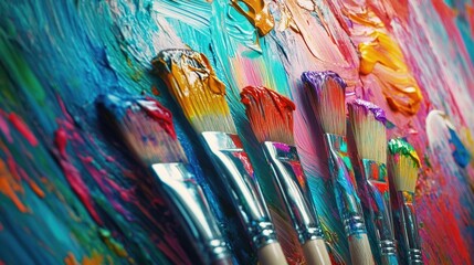 A vibrant array of paintbrushes dipped in a spectrum of colorful paint strokes, showcasing a rich blend of textures and hues against a lively painted backdrop.