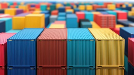 Fototapeta premium A vibrant array of shipping containers stacked in various colors, creating a visually striking pattern in a logistics environment.