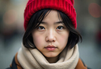 Portrait of a young Asian girl in a red knitted hat and beige coat