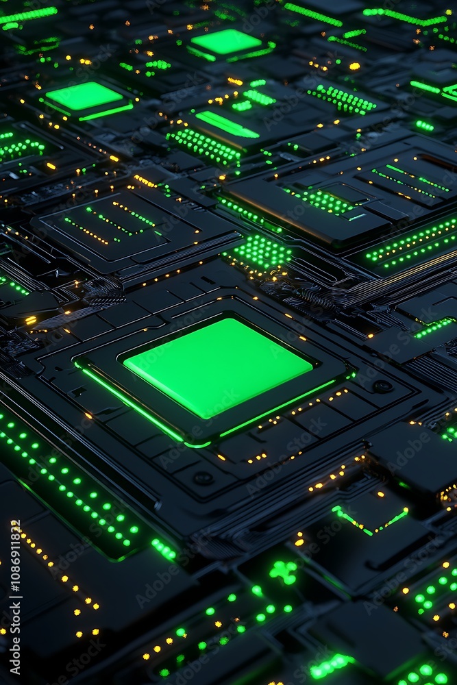 Poster high-tech digital circuit board with vibrant green lights and data connections, showcasing complex e