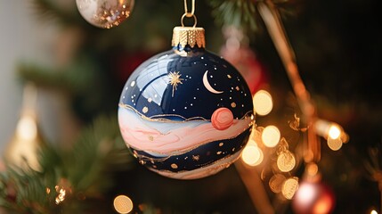 Charming holiday ornament decorated with celestial designs including a night sky, crescent moon, and planets, featuring a customizable text area for a personal touch.