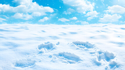 A serene winter landscape showcasing a vast expanse of snow, dotted with animal tracks under a bright blue sky with fluffy clouds.