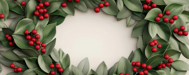A decorative wreath made of green leaves and red berries, featuring a blank center that invites personal messages or holiday greetings.