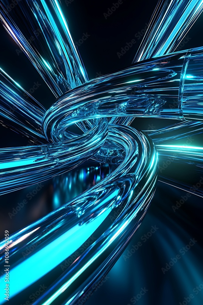 Poster intricate blue light trails abstract design with smooth glassy surfaces and dynamic flow creating a 