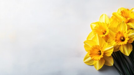 Fototapeta premium Vibrant yellow daffodils in full bloom arranged elegantly against a soft white background, showcasing their bright petals and intricate details.