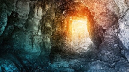 Abstract portrayal of philosophical themes from the allegory of the cave featuring a cave entrance illuminated by light, set against a softly blurred background in transformative colors.