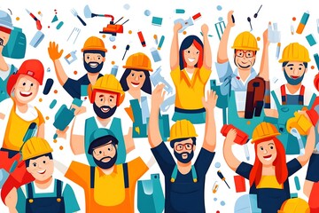 Fototapeta premium Labour day Safety hard hat and Construction tools background Labour Day concept on isolated background. 1st May celebrate on Labour Day is an annual holiday. celebration, day, poster, illustration,