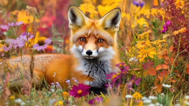Adorable red fox lounging among vibrant wildflowers in a colorful autumn landscape displaying a serene wildlife moment capturing the beauty of nature in fall.