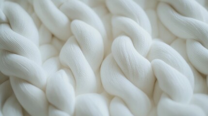 Close-up view of soft white knitted wool fabric showcasing a chunky, intricate braided pattern with a cozy texture.