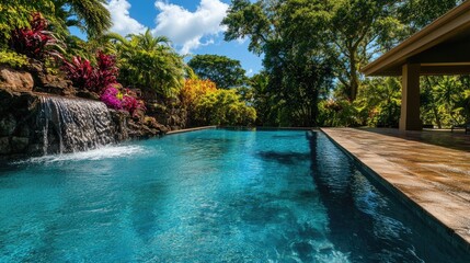 Fototapeta premium Serene tropical oasis featuring a sparkling pool and a lush waterfall surrounded by vibrant foliage, perfect for relaxation and nature appreciation.