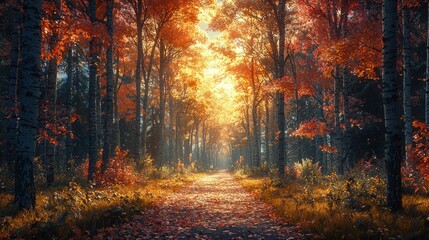 A tranquil forest trail covered in vibrant autumn leaves, with golden sunlight filtering through tall trees. capturing the warm, seasonal tones and the inviting charm of the path winding into the dist