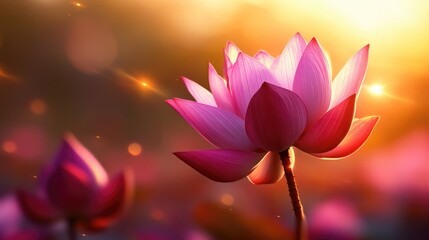 A serene close-up of vibrant pink lotus blooms bathed in golden sunlight, symbolizing peace and enlightenment amidst soft foliage.