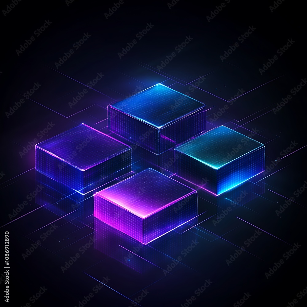 Poster neon glowing cubes on a dark background with a technological vibe emphasizing depth and dimensions i
