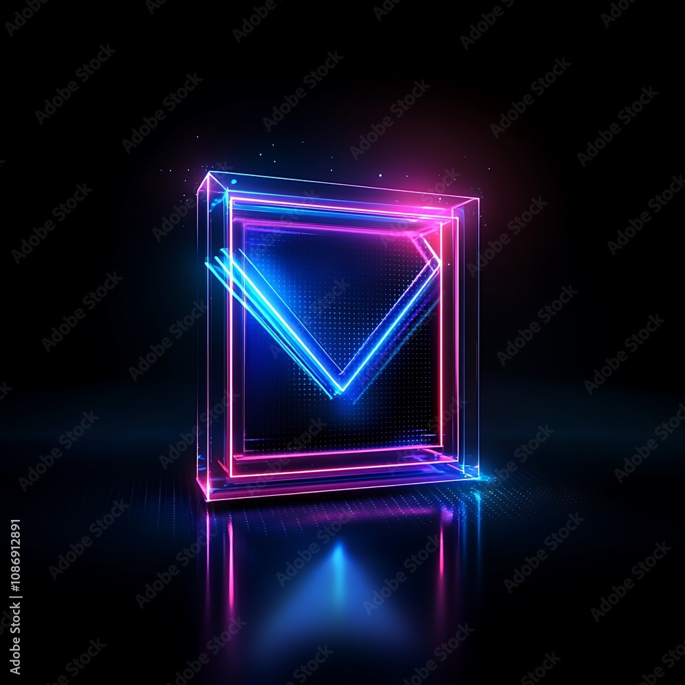 Poster neon illuminated geometric frame with vibrant glowing lines in a dark background for modern digital 
