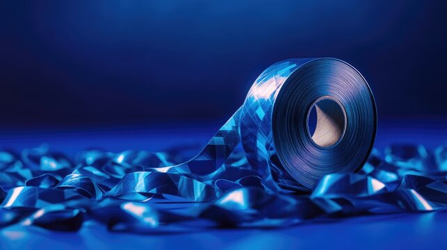 Roll of blank adding machine tape elegantly arranged on a rich blue backdrop, showcasing smooth surfaces and soft curves of the tape spiraling out.