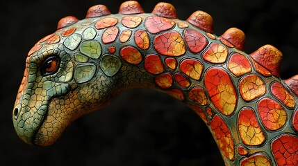 Naklejka premium Close-up of a vibrant, textured dinosaur sculpture; detailed artwork with cracked paint effect.