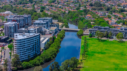 Panoramic aerial drone view of western Sydney Suburbs of Canterbury Burwood Ashfield Marrickville...
