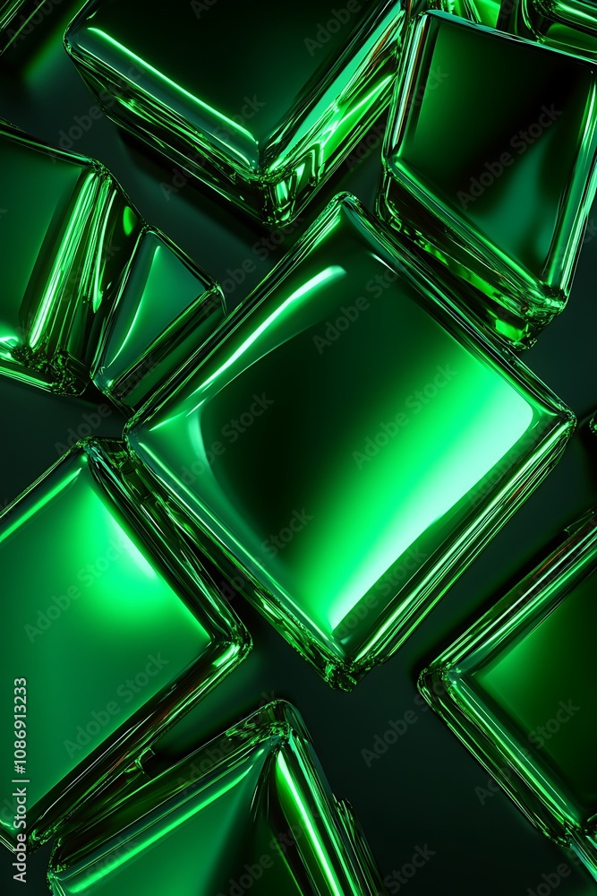Poster shimmering green glass cubes reflecting light and creating beautiful abstract patterns in a stylish 
