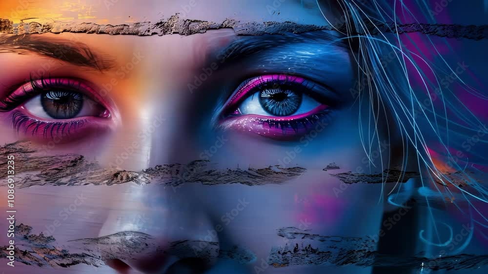 Poster a close-up of a person's eyes with vibrant colors and abstract textures overlaying the image, creati