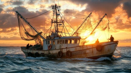 Fototapeta premium Weathered Fishing Boat Battling Rough Seas, Golden Sunset Illuminates Fishermen Hauling Nets