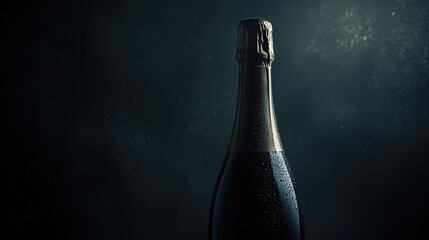 Champagne bottle glistening with condensation against a dark, moody backdrop, featuring ample empty space for customizable text or graphics.