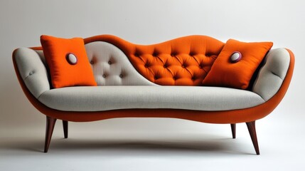 Chic minimalist sofa with a kitsch design, featuring bold orange accents and tufted cushions, ideal for contemporary interior decor.