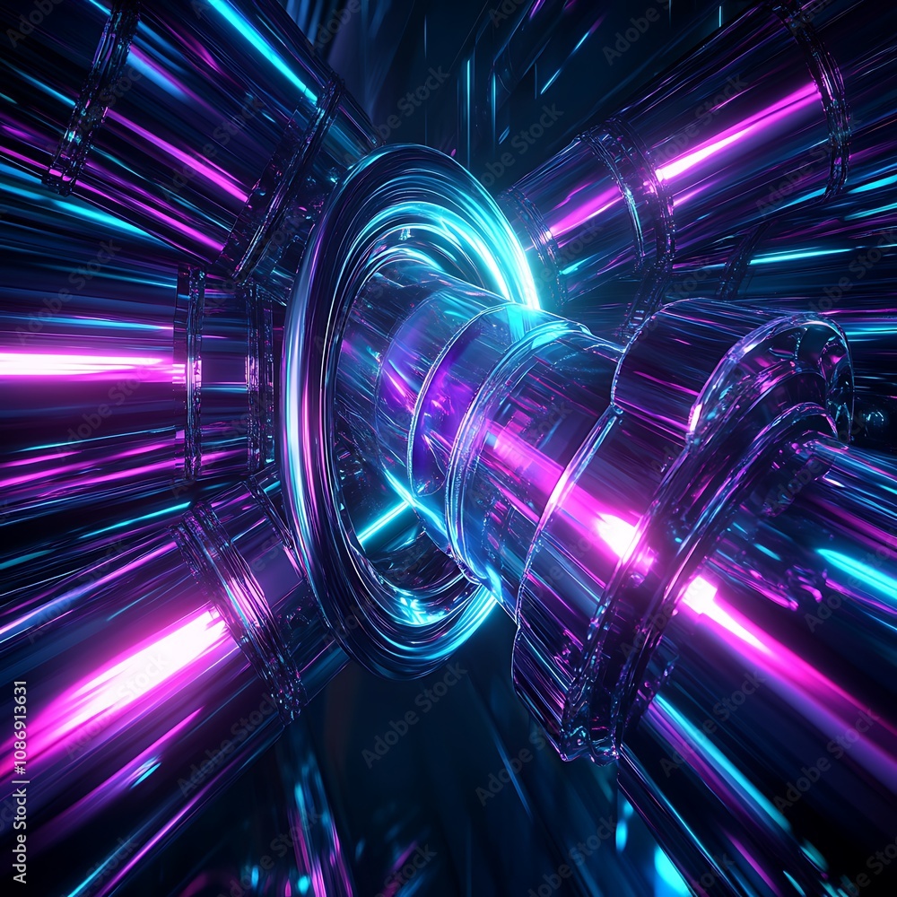 Poster Stunning abstract image featuring vibrant swirling lights and reflective surfaces creating a sense of depth and movement in a futuristic digital space environment