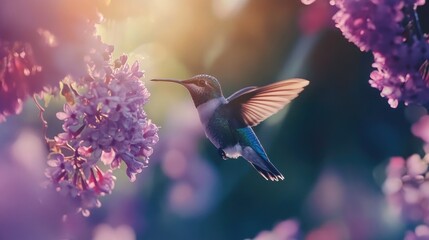 Fototapeta premium A shimmering hummingbird in mid-flight, delicately approaching a lush purple flower amidst a soft, colorful background.
