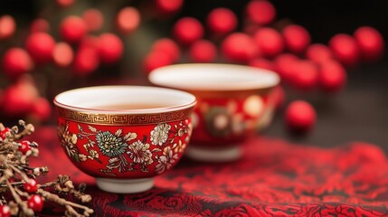 A close-up of traditional Chinese tea cups surrounded by red and gold New Year decorations.