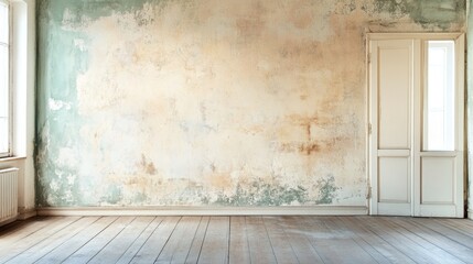 Worn interior wall with faded textures after wallpaper removal, showcasing a grunge aesthetic and natural light from windows.