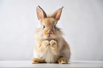 Fototapeta premium Adorable Fluffy Bunny Sitting on White Background, Cleaning Its Paw, Showcasing Its Brown Fur and Furry Legs for Easter-Themed Stock Photography Needs