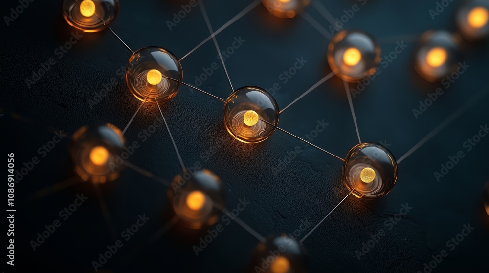 Poster abstract representation of interconnected spheres emitting warm light, creating a visually striking 