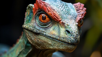 Close-up of a Realistic Dinosaur Model with Striking Orange Eyes and Detailed Scaly Skin. This captivating image showcases intricate craftsmanship and vibrant color.