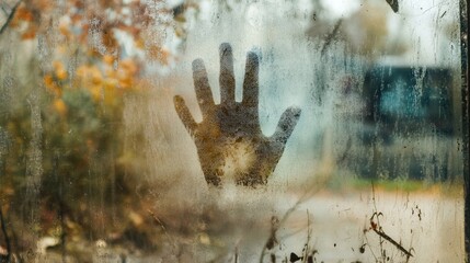 A haunting handprint outlined against a foggy window with autumn foliage softly blurred in the background, creating an eerie atmosphere.